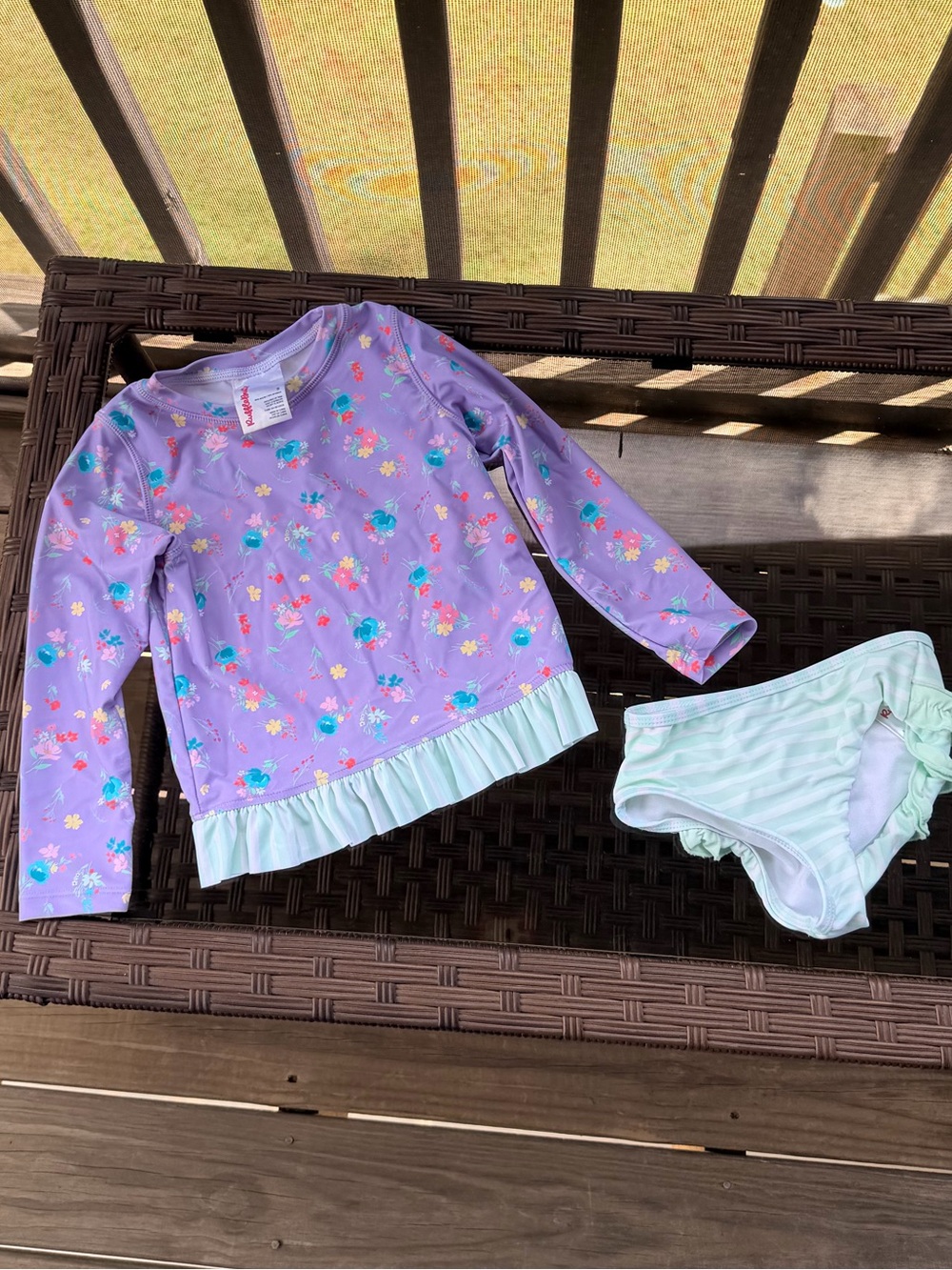 Ruffle Butts Purple Floral Rashguard with Mint Ruffle Swim Bottoms Size 5